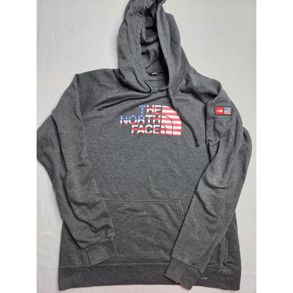 The North Face Hoodie Womens Large Charcoal Gray US Flag Graphic Kangaroo Pocket